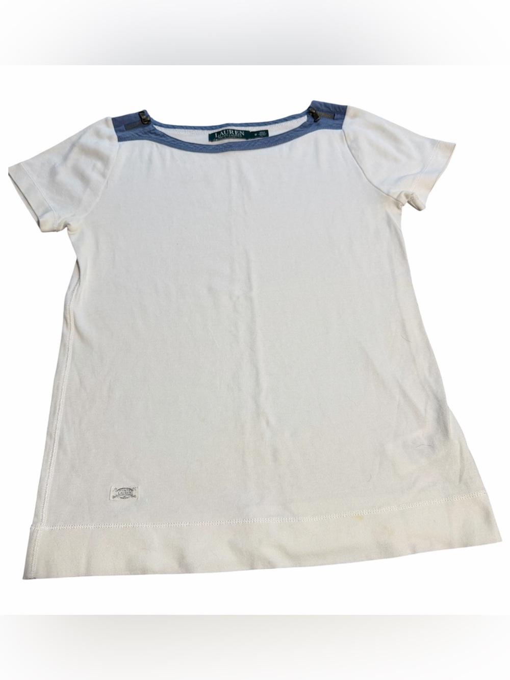 Lauren Ralph Lauren White Boatneck Tee Blue Trim Zipper Medium